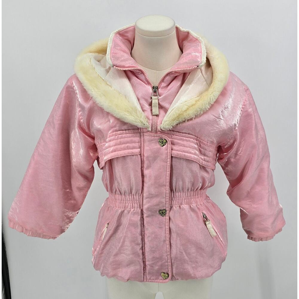 Vintage Y2K Copper Key Retro Cabincore Pink Shimmer Jacket with Faux Fur Hood
